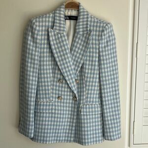 ZARA Houndstooth Double-Breasted Blazer Baby Blue ASO Princess Kate Size Small